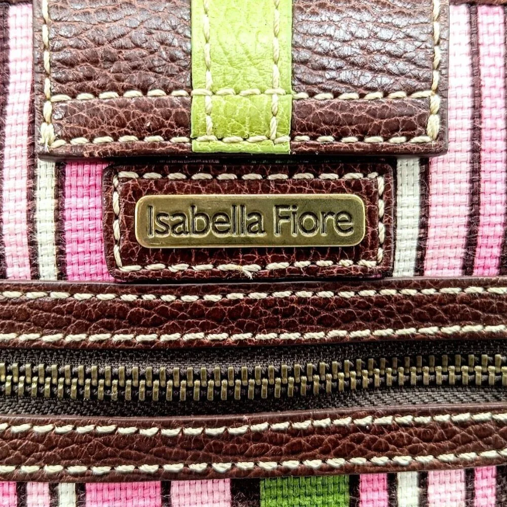 Isabella Fiore Pink Green Floral Canvas Brown Pebbled Leather Trim Bag